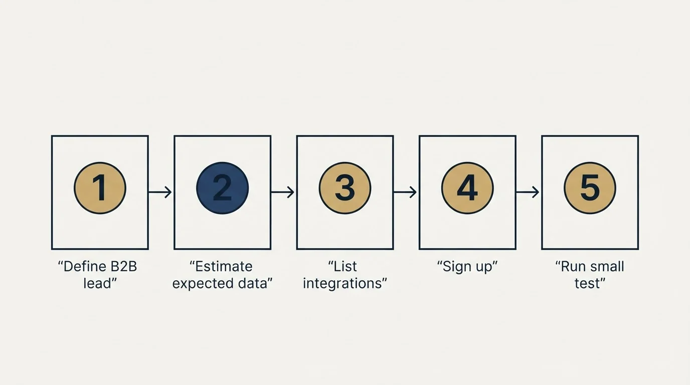 Step sequence: Getting Started Checklist (Define B2B lead, Estimate expected data, List integrations, Sign up)