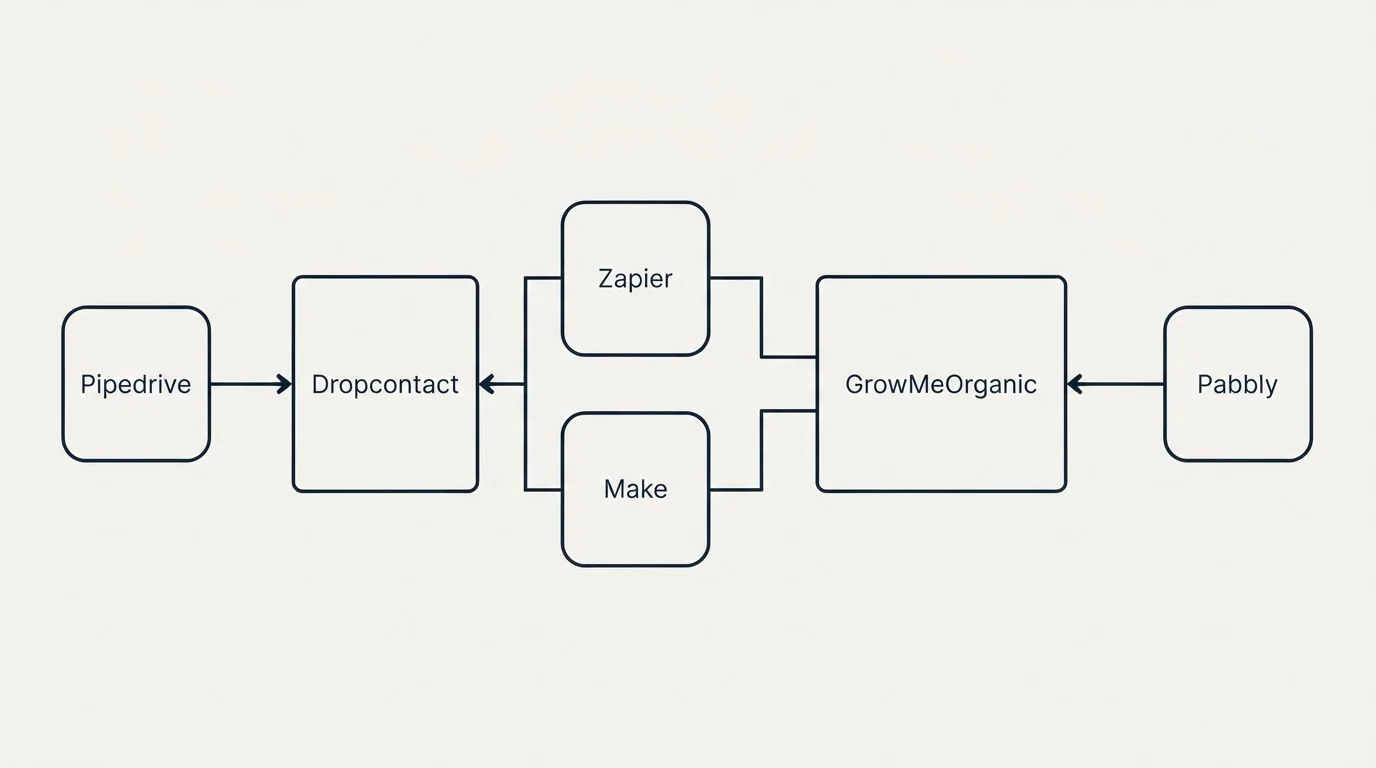 Integration flow: Integration Ecosystem (Dropcontact, GrowMeOrganic, Zapier, Make)