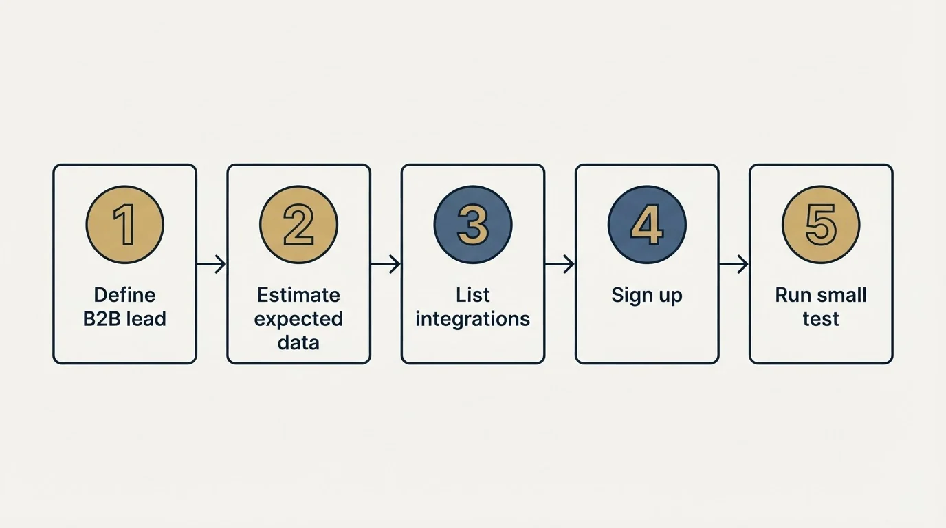 Step sequence: Getting Started Checklist (Define B2B lead, Estimate expected data, List integrations, Sign up)