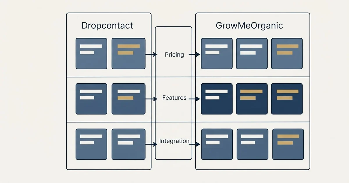 Comparison panel: Dropcontact vs GrowMeOrganic (Pricing, Features, Integration)