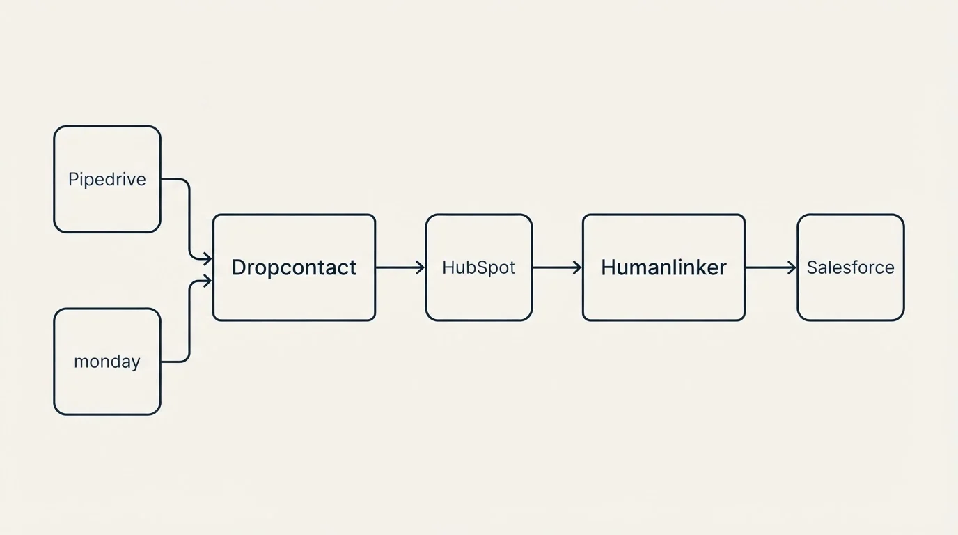 Integration schematic: Integration Ecosystem (Dropcontact, Humanlinker, HubSpot, Pipedrive)