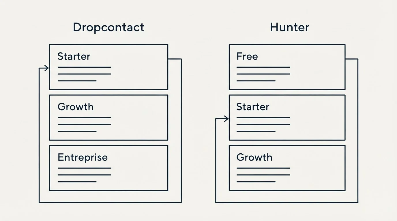 Pricing panels: Pricing Comparison (Dropcontact, Hunter, Starter, Free)