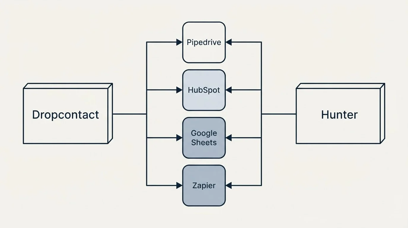 Integration flow: Integration Ecosystem (Dropcontact, Hunter, Pipedrive, HubSpot)