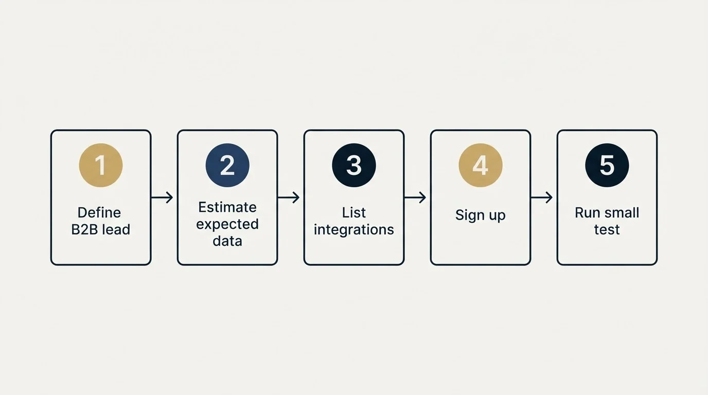 Step sequence: Getting Started Checklist (Define B2B lead, Estimate expected data, List integrations, Sign up)