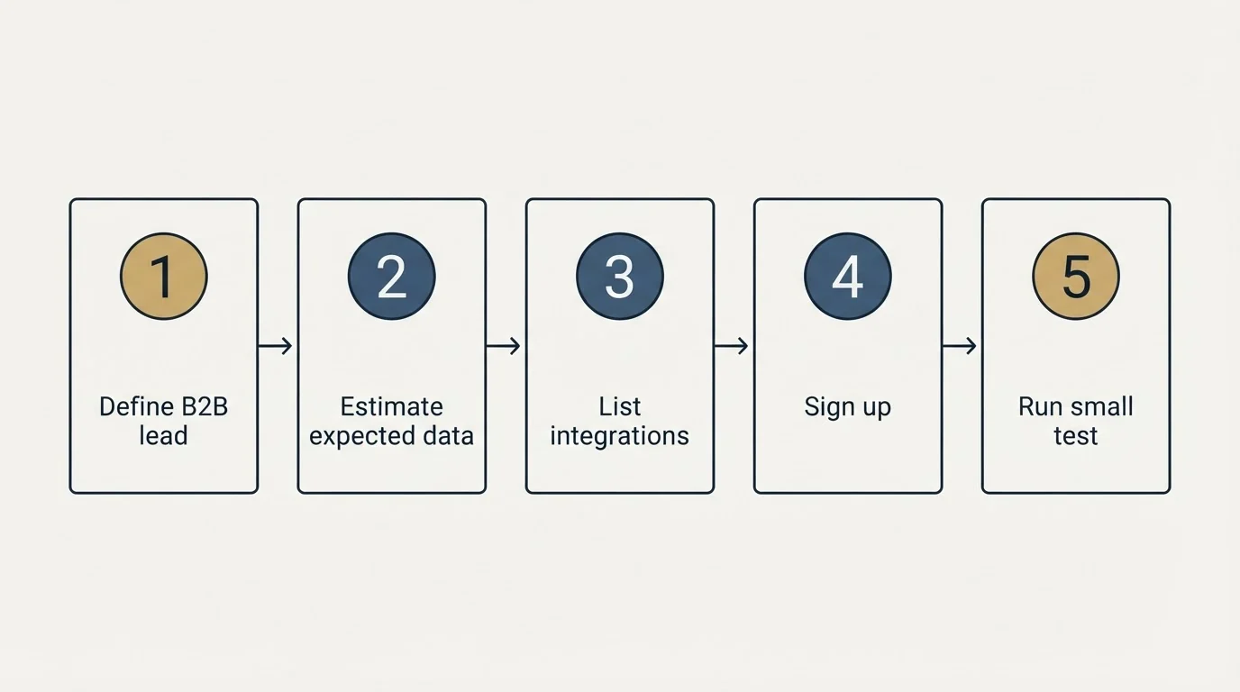 Step sequence: Getting Started Checklist (Define B2B lead, Estimate expected data, List integrations, Sign up)