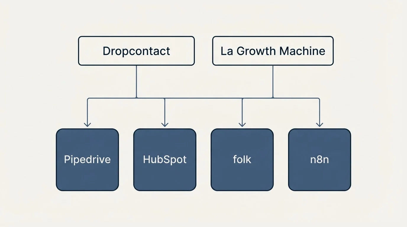 Integration grid: Integration Ecosystem (Dropcontact, La Growth Machine, Pipedrive, HubSpot)
