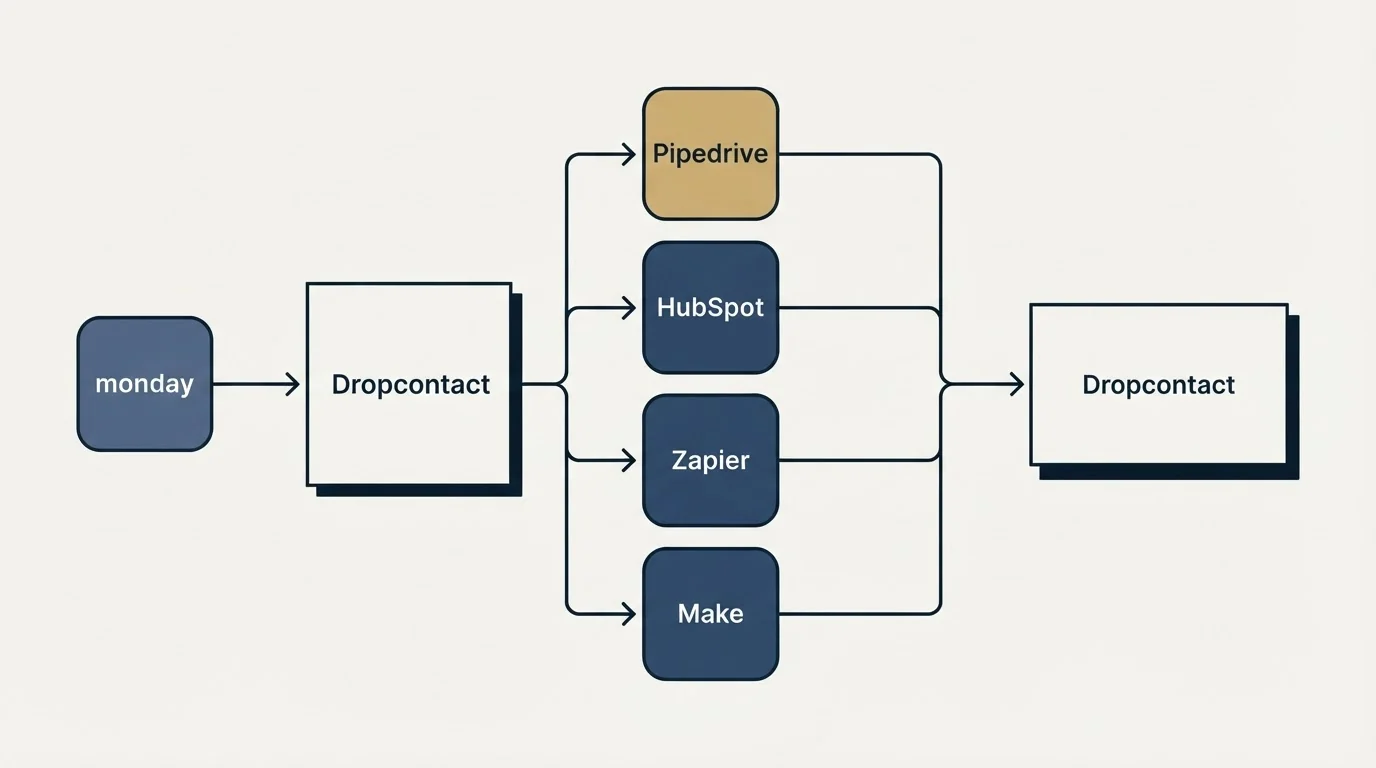 Integration flow: Integration Ecosystem (Dropcontact, Pipedrive, HubSpot, Zapier)