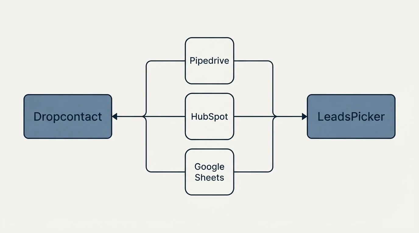 Integration schematic: Integration Ecosystem (Dropcontact, LeadsPicker, Pipedrive, HubSpot)