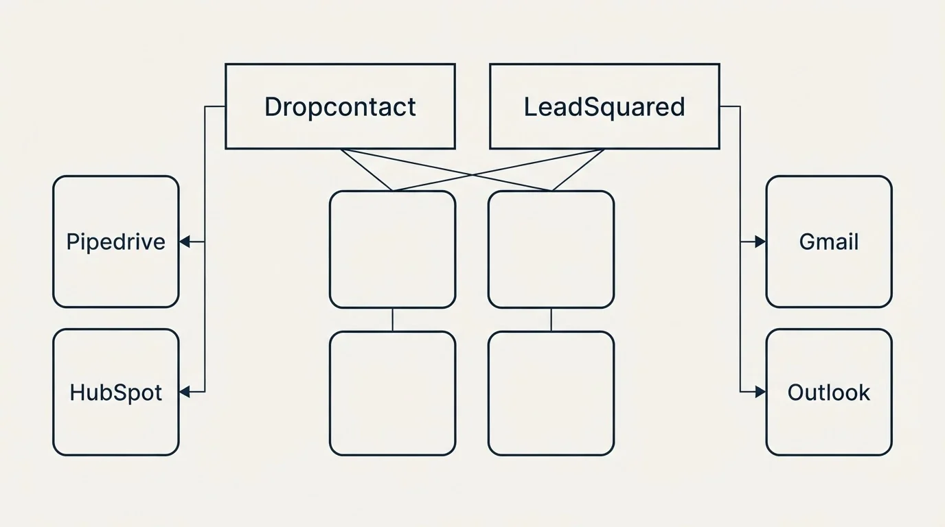 Integration grid: Integration Ecosystem (Dropcontact, LeadSquared, Pipedrive, Gmail)
