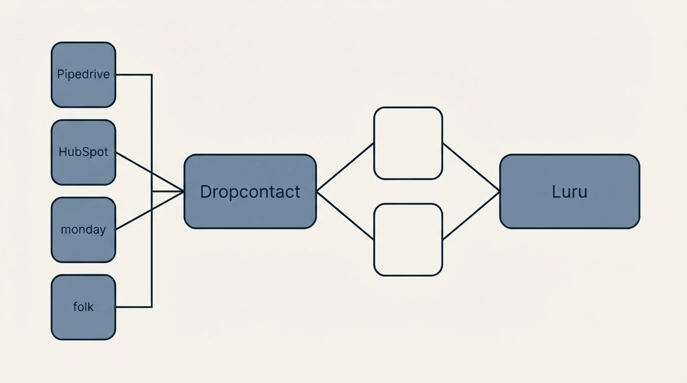 Integration schematic: Integration Ecosystem (Dropcontact, Luru, Pipedrive, HubSpot)