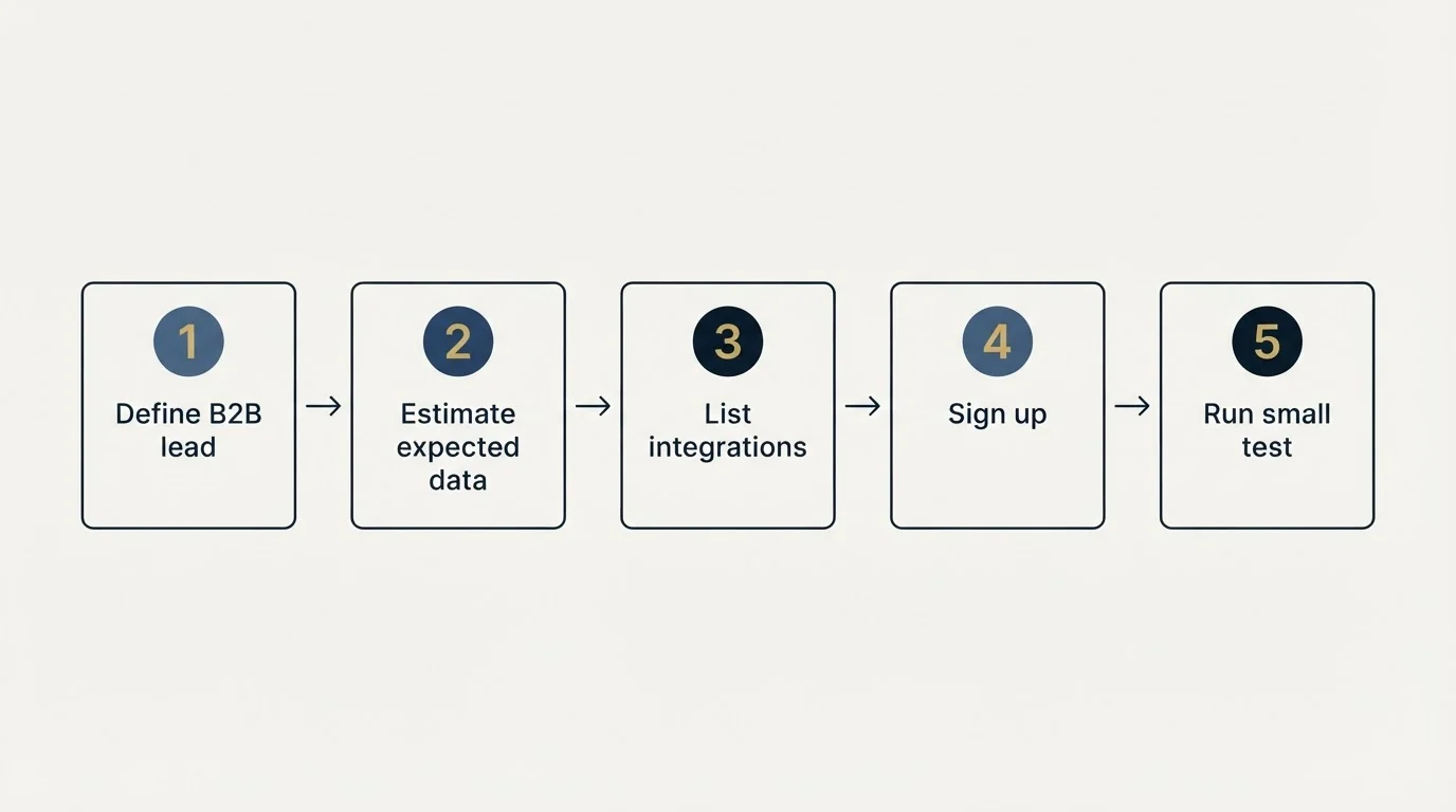 Step sequence: Getting Started Checklist (Define B2B lead, Estimate expected data, List integrations, Sign up)