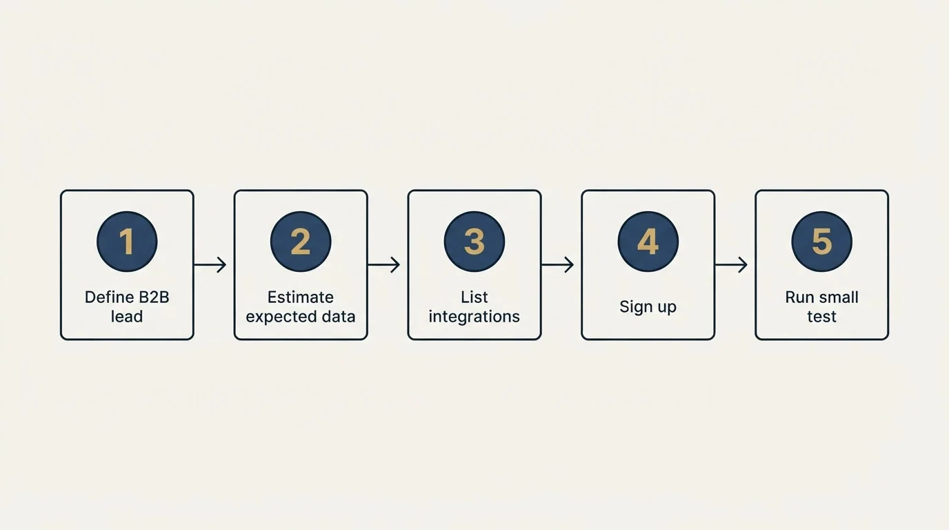 Step sequence: Getting Started Checklist (Define B2B lead, Estimate expected data, List integrations, Sign up)