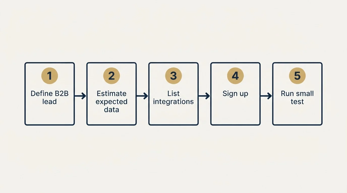 Step sequence: Getting Started Checklist (Define B2B lead, Estimate expected data, List integrations, Sign up)