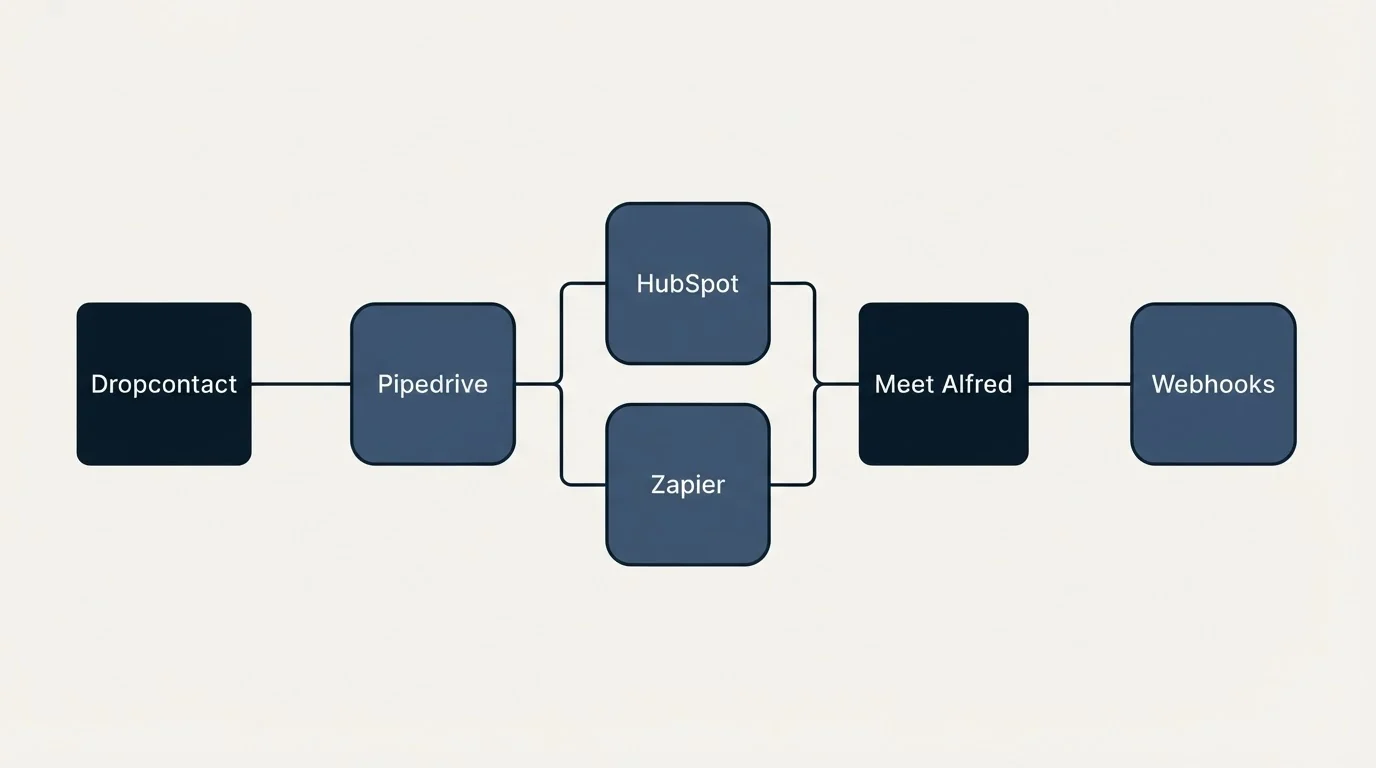Integration flow: Integration Ecosystem (Dropcontact, Meet Alfred, HubSpot, Zapier)