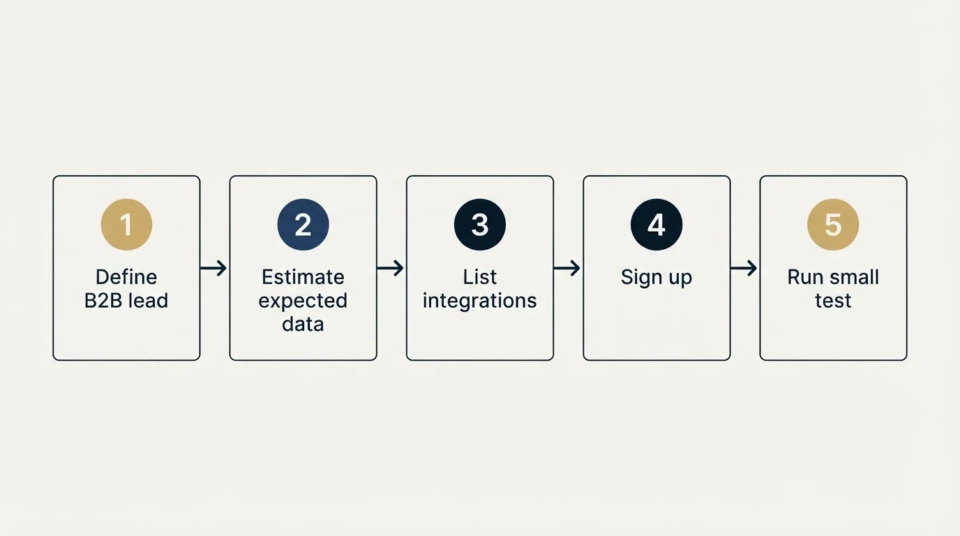 Step sequence: Getting Started Checklist (Define B2B lead, Estimate expected data, List integrations, Sign up)