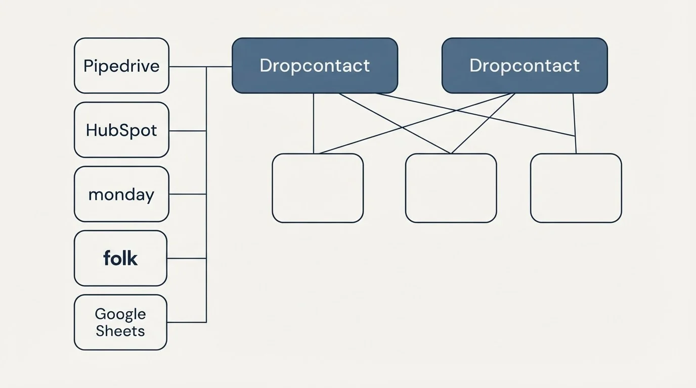 Integration grid: Integration Ecosystem (Dropcontact, Pipedrive, HubSpot, monday)