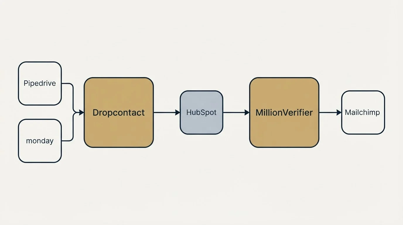 Integration schematic: Integration Ecosystem (Dropcontact, MillionVerifier, HubSpot, Pipedrive)