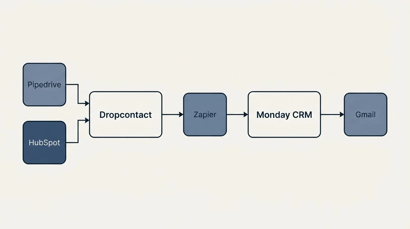 Integration flow: Integration Ecosystem (Dropcontact, Monday CRM, Zapier, Pipedrive)