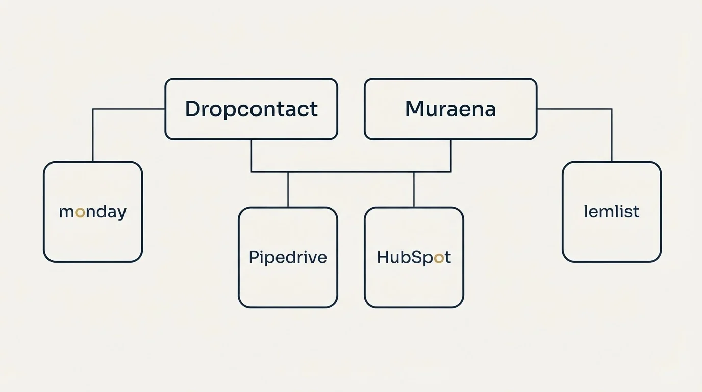 Integration grid: Integration Ecosystem (Dropcontact, Muraena, Pipedrive, HubSpot)