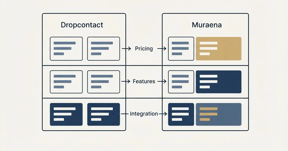 Comparison panel: Dropcontact vs Muraena (Pricing, Features, Integration)