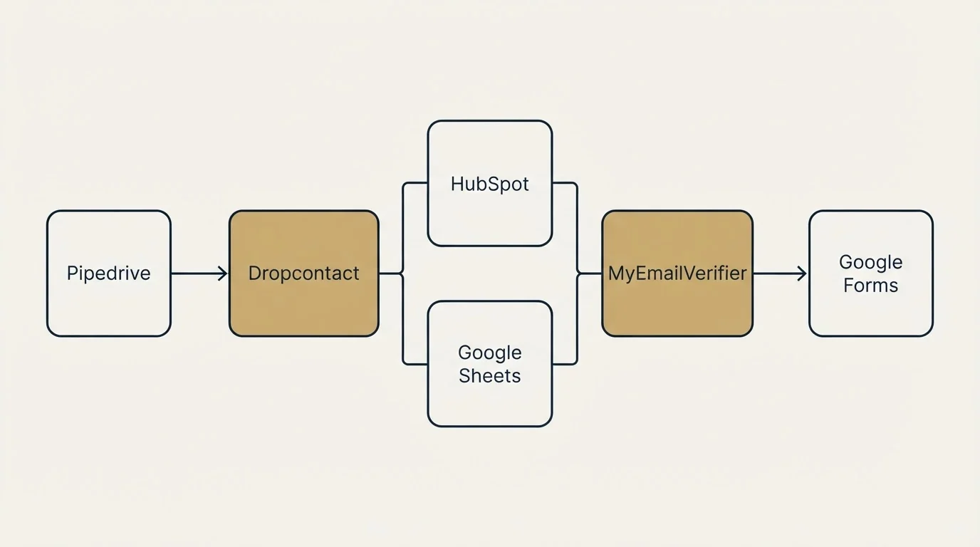 Integration flow: Integration Ecosystem (Dropcontact, MyEmailVerifier, HubSpot, Google Sheets)