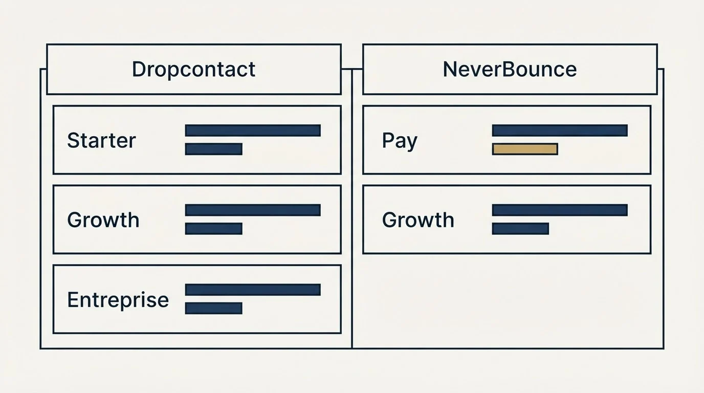Pricing table: Pricing Comparison (Dropcontact, NeverBounce, Starter, Pay)