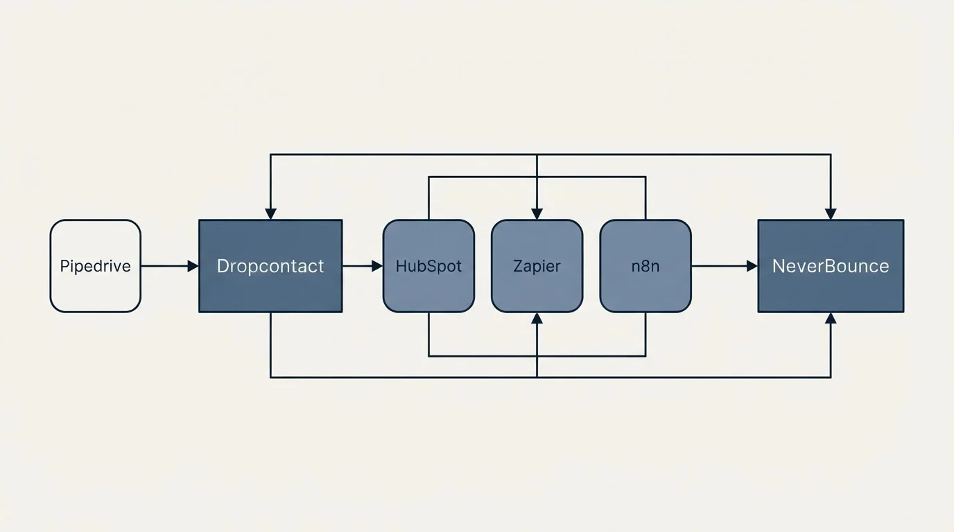 Integration schematic: Integration Ecosystem (Dropcontact, NeverBounce, HubSpot, Zapier)