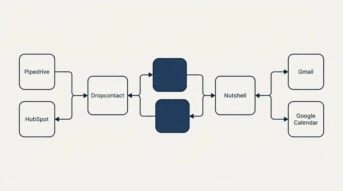 Integration schematic: Integration Ecosystem (Dropcontact, Nutshell, Pipedrive, Gmail)