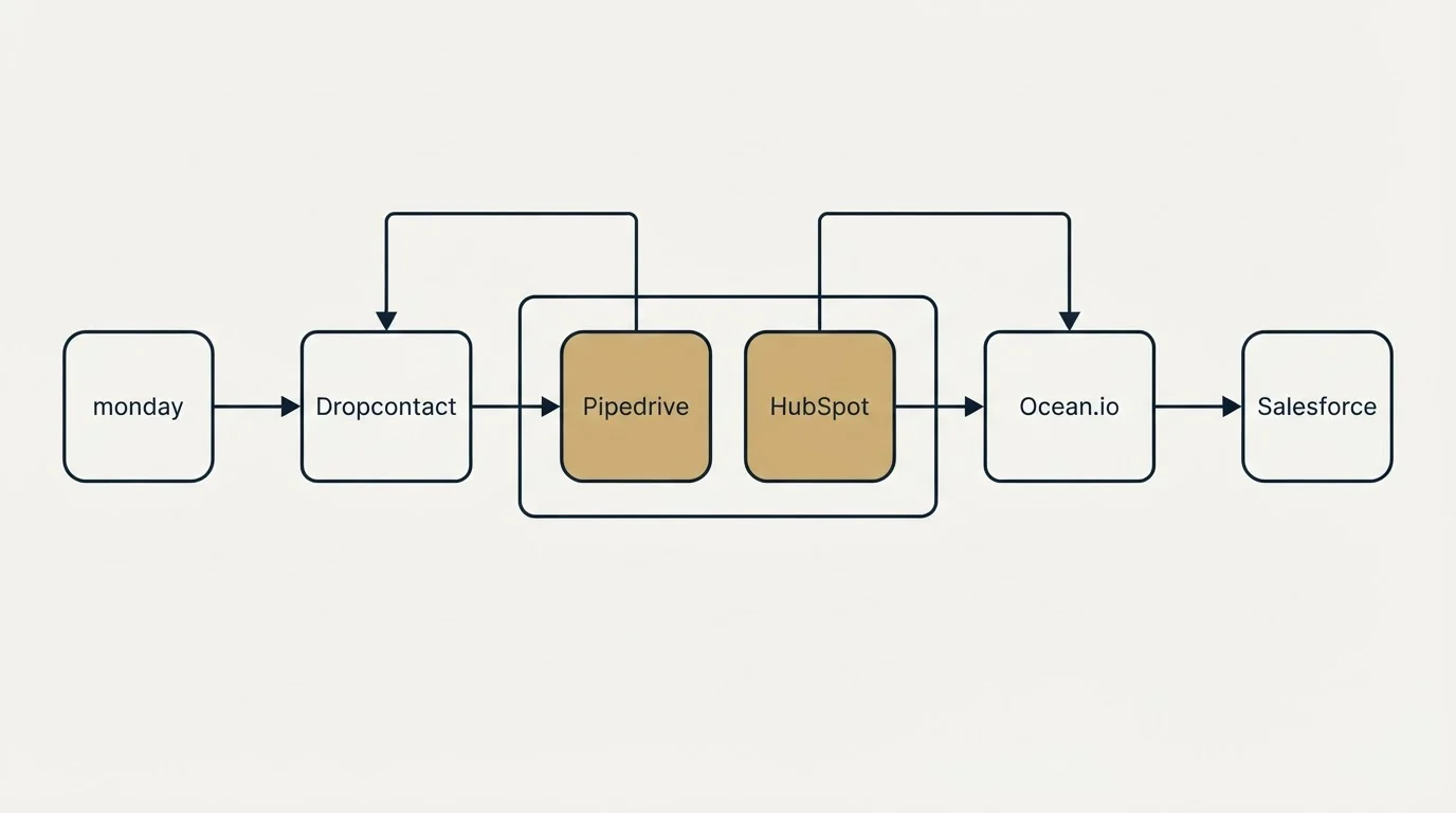 Integration schematic: Integration Ecosystem (Dropcontact, Ocean.io, Pipedrive, HubSpot)