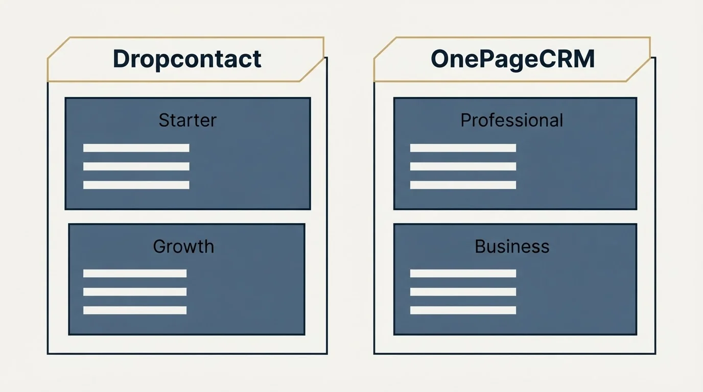 Pricing panels: Pricing Comparison (Dropcontact, OnePageCRM, Starter, Professional)