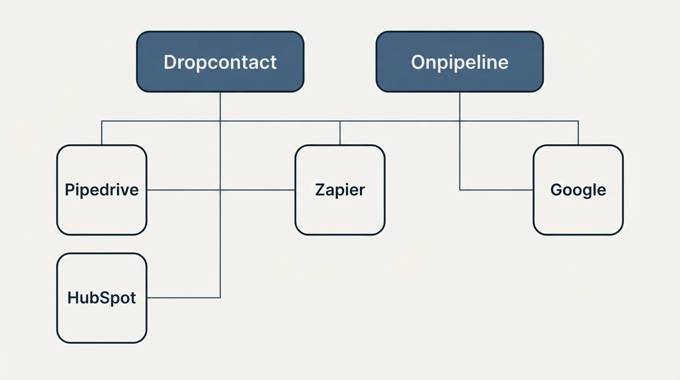 Integration grid: Integration Ecosystem (Dropcontact, Onpipeline, Zapier, Pipedrive)