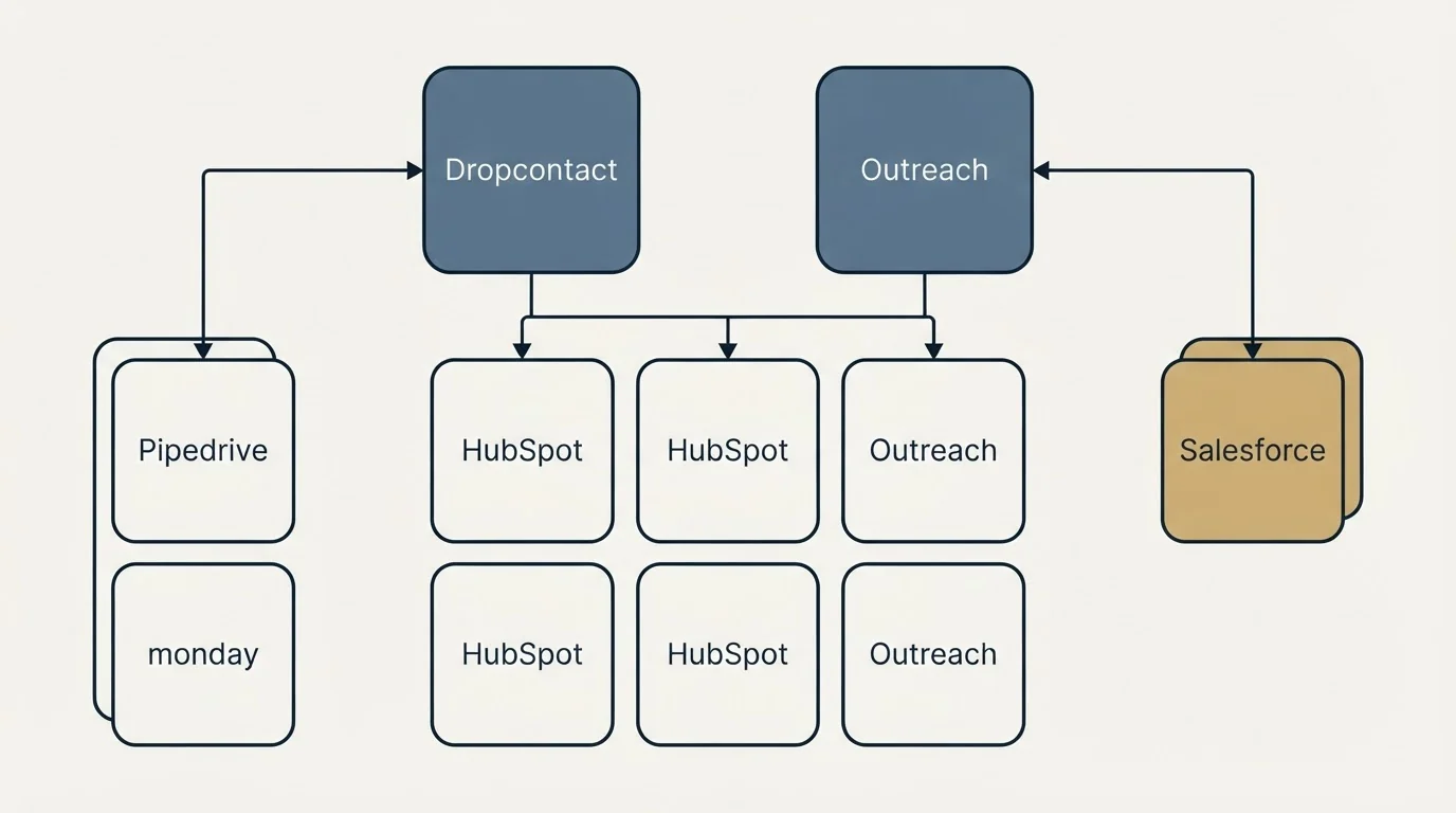 Integration grid: Integration Ecosystem (Dropcontact, Outreach, HubSpot, Pipedrive)