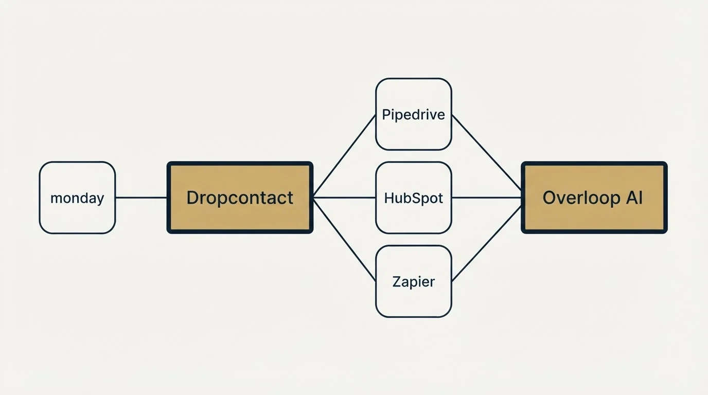 Integration schematic: Integration Ecosystem (Dropcontact, Overloop AI, Pipedrive, HubSpot)