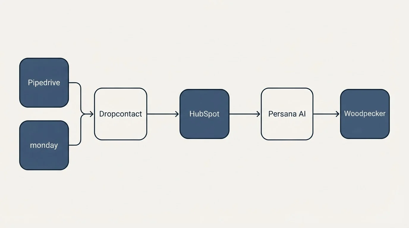 Integration schematic: Integration Ecosystem (Dropcontact, Persana AI, HubSpot, Pipedrive)