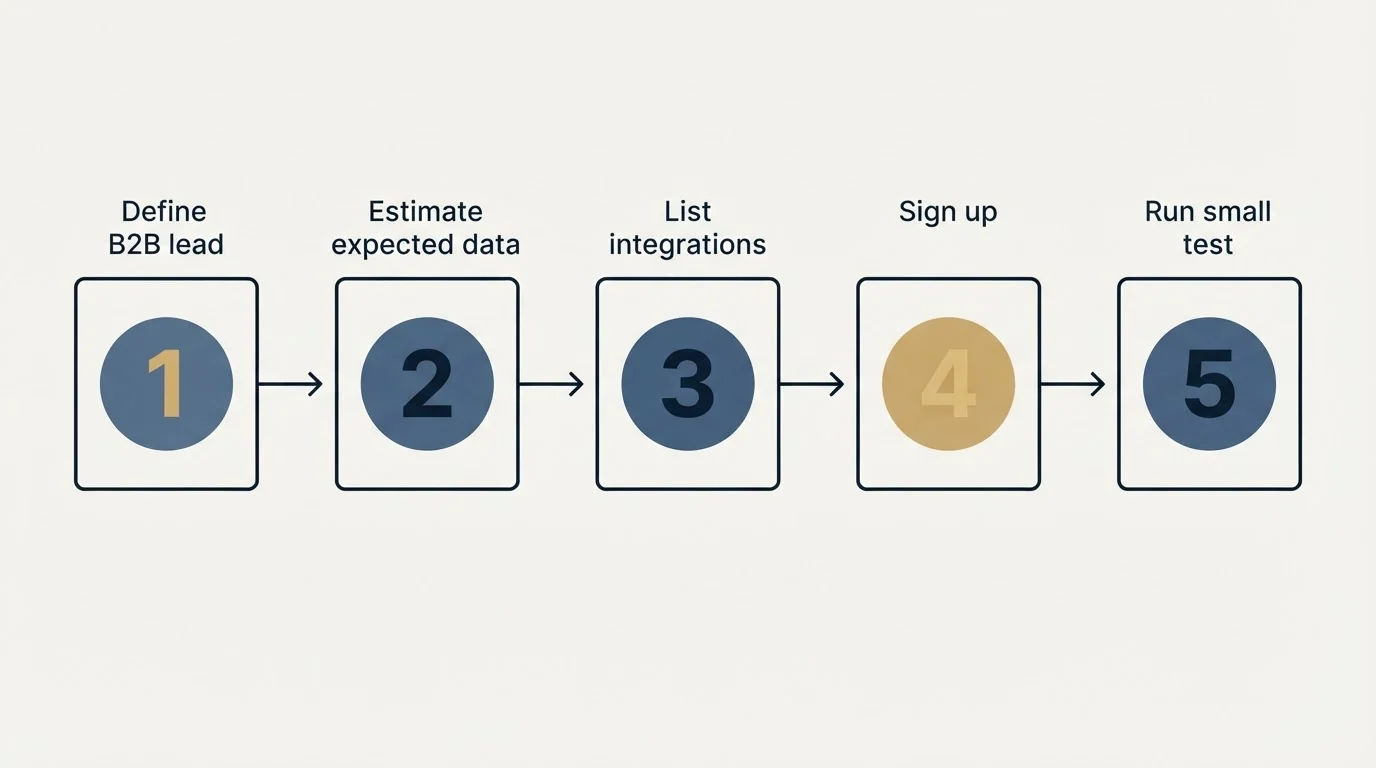 Step sequence: Getting Started Checklist (Define B2B lead, Estimate expected data, List integrations, Sign up)