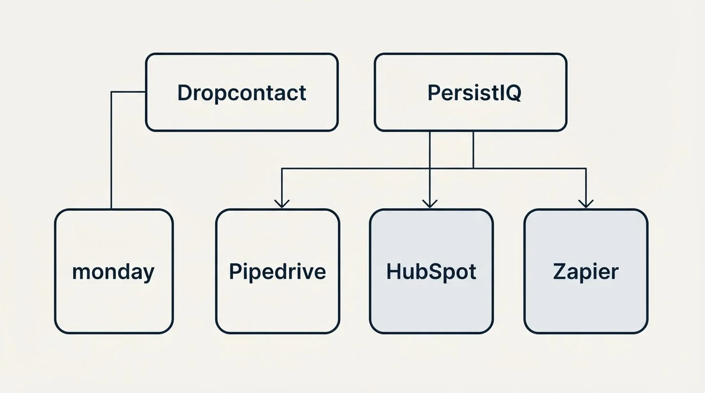 Integration grid: Integration Ecosystem (Dropcontact, PersistIQ, Pipedrive, HubSpot)