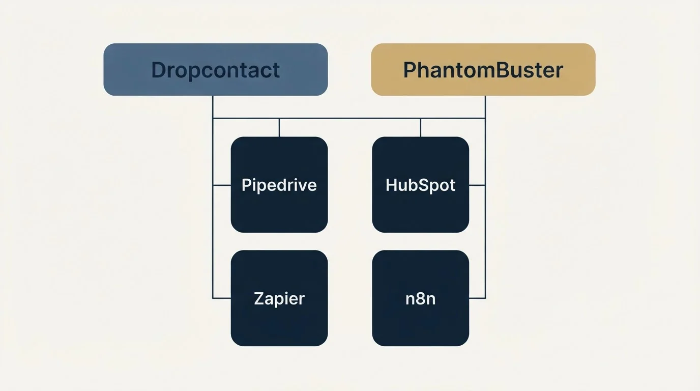 Integration grid: Integration Ecosystem (Dropcontact, PhantomBuster, Pipedrive, HubSpot)