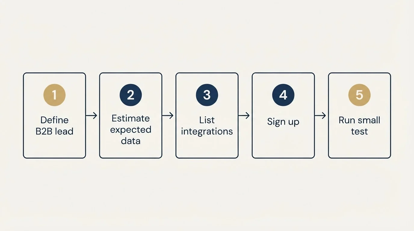 Step sequence: Getting Started Checklist (Define B2B lead, Estimate expected data, List integrations, Sign up)