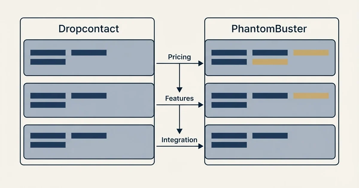 Comparison panel: Dropcontact vs PhantomBuster (Pricing, Features, Integration)