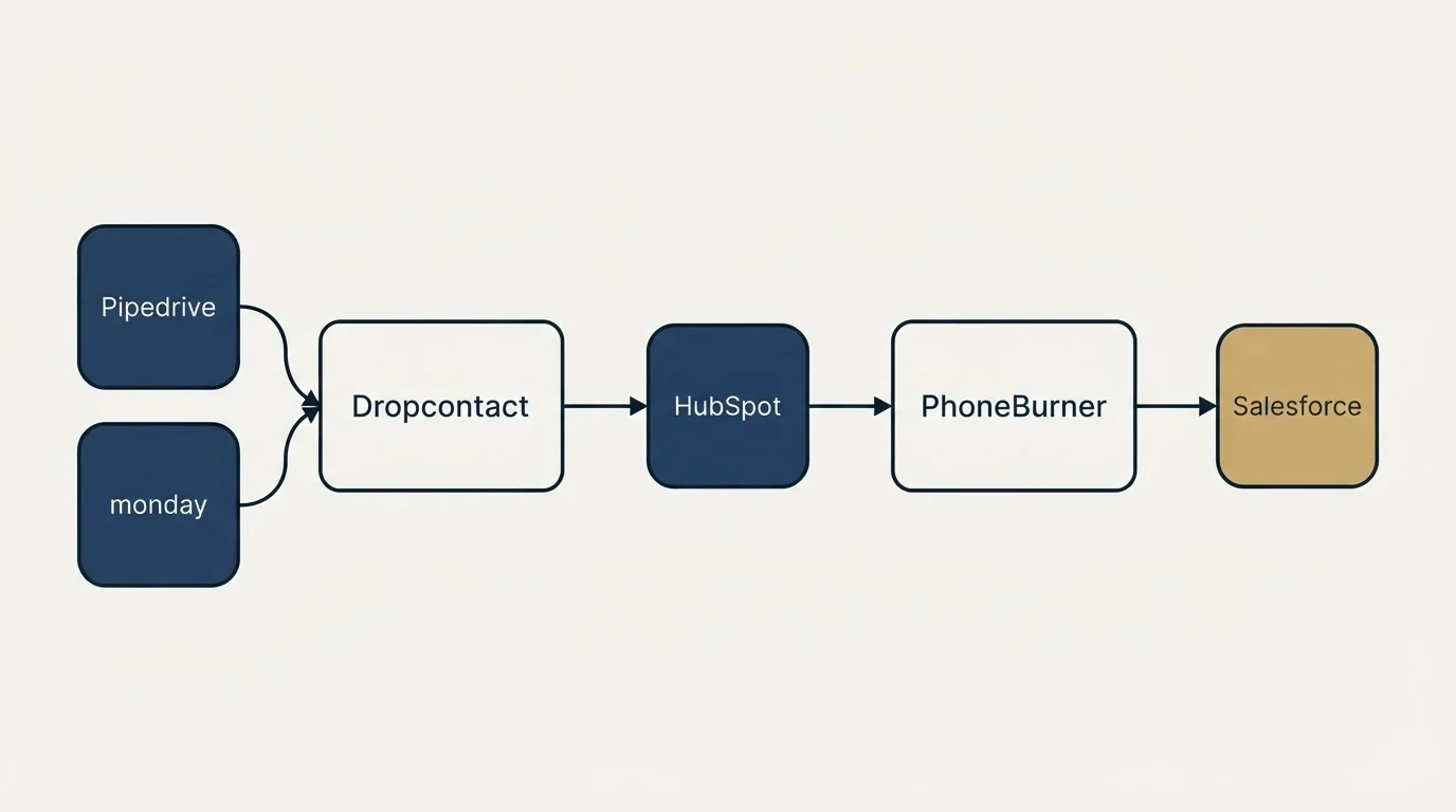 Integration schematic: Integration Ecosystem (Dropcontact, PhoneBurner, HubSpot, Pipedrive)