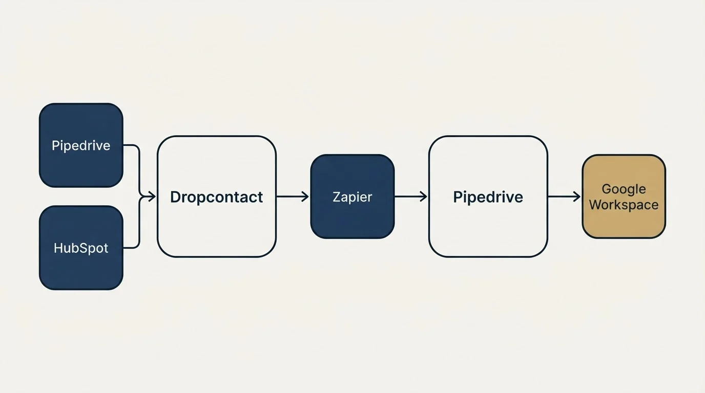 Integration schematic: Integration Ecosystem (Dropcontact, Pipedrive, Zapier, Google Workspace)