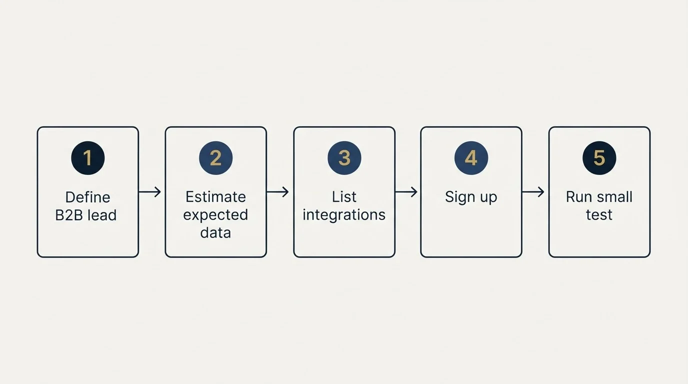 Step sequence: Getting Started Checklist (Define B2B lead, Estimate expected data, List integrations, Sign up)