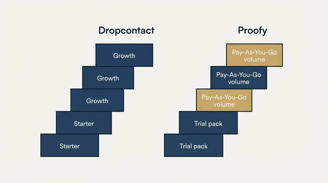 Pricing ladder: Pricing Comparison (Dropcontact, Proofy, Starter, Trial pack)