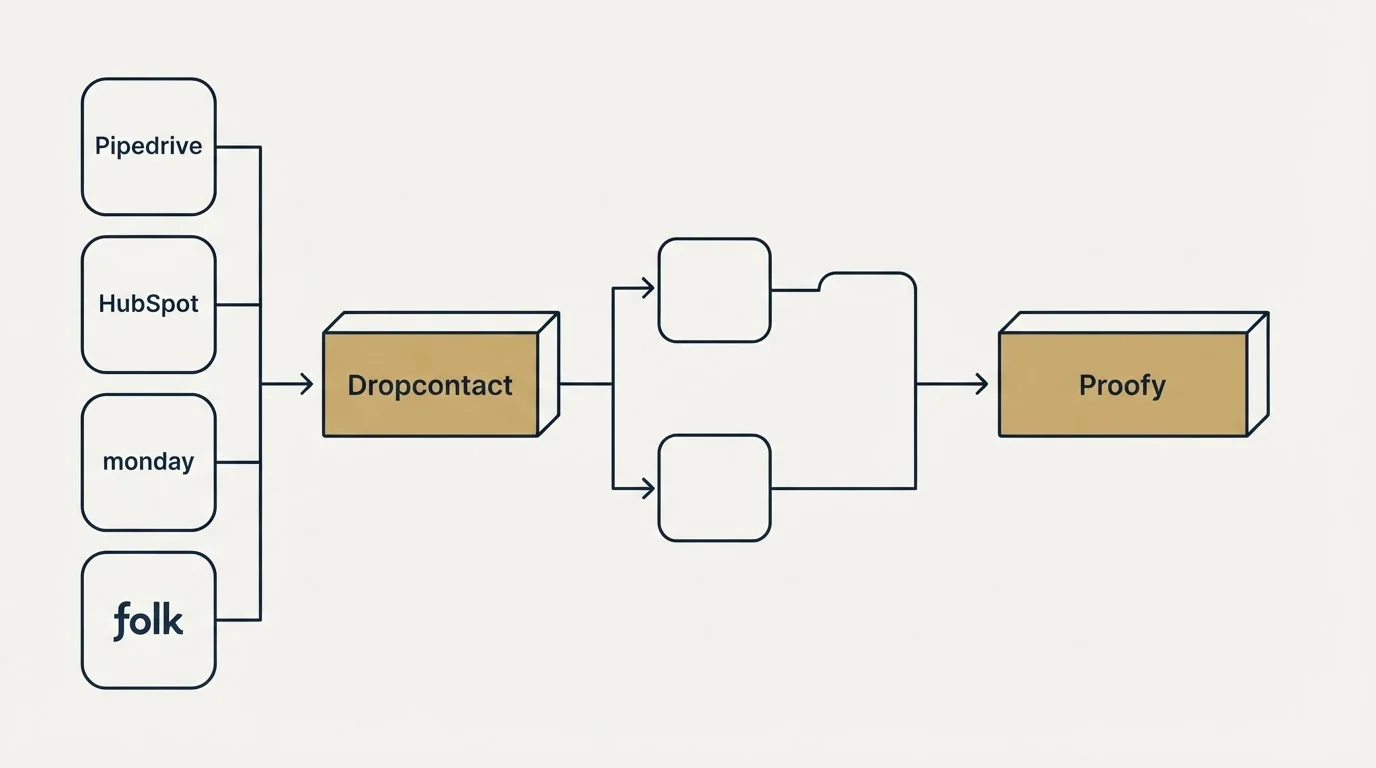 Integration flow: Integration Ecosystem (Dropcontact, Proofy, Pipedrive, HubSpot)