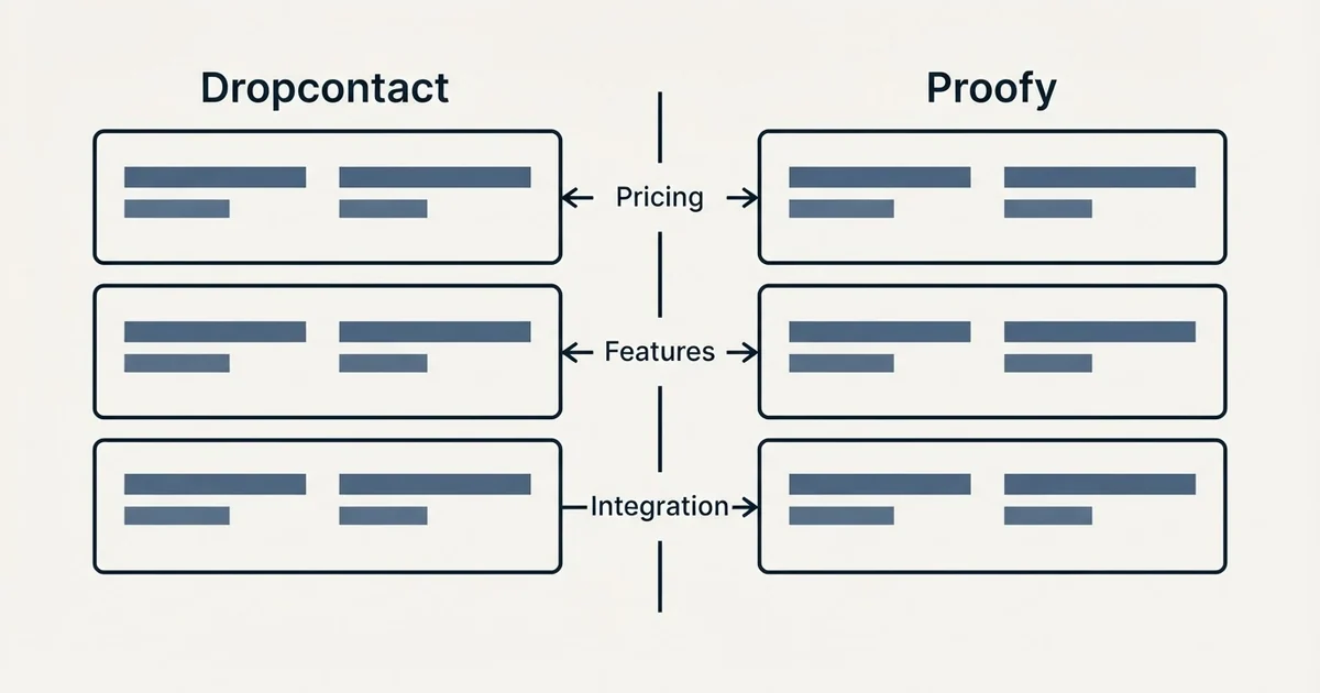 Comparison panel: Dropcontact vs Proofy (Pricing, Features, Integration)