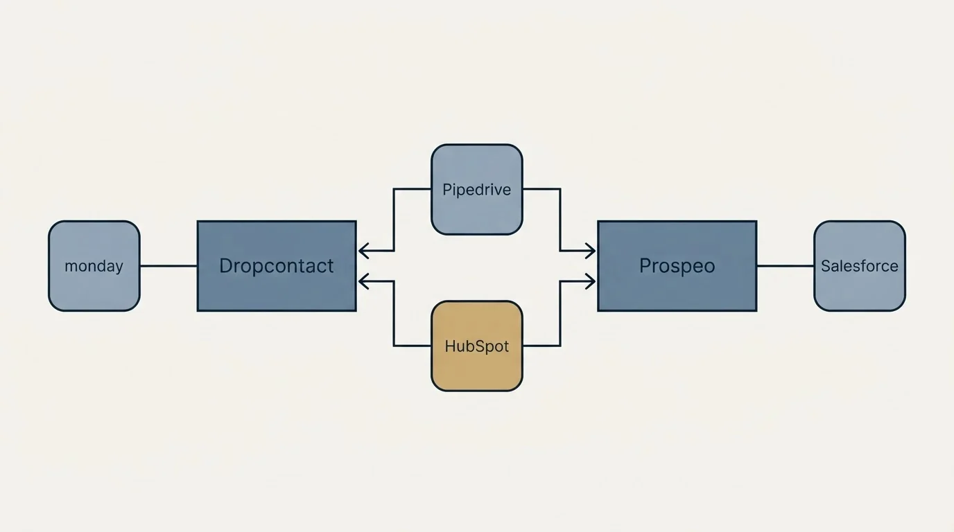 Integration flow: Integration Ecosystem (Dropcontact, Prospeo, Pipedrive, HubSpot)