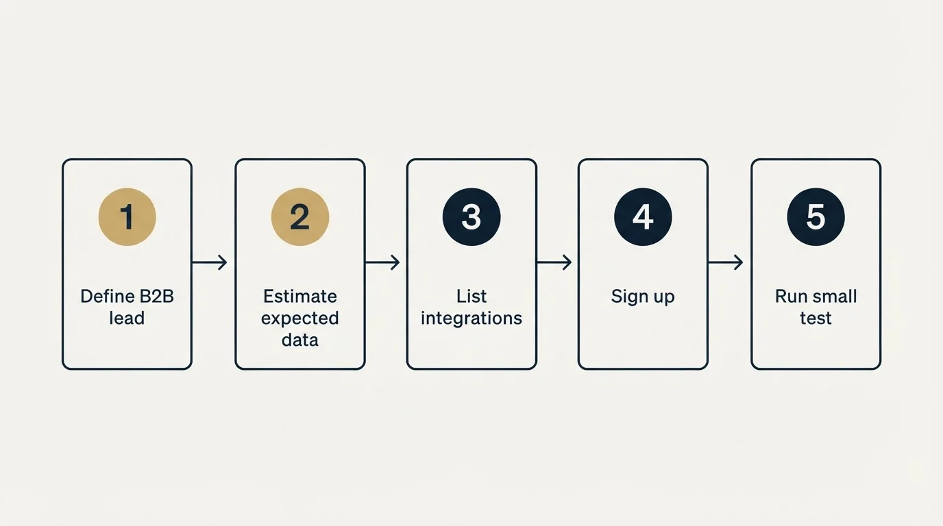 Step sequence: Getting Started Checklist (Define B2B lead, Estimate expected data, List integrations, Sign up)