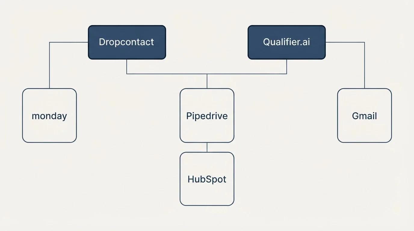 Integration grid: Integration Ecosystem (Dropcontact, Qualifier.ai, Pipedrive, HubSpot)