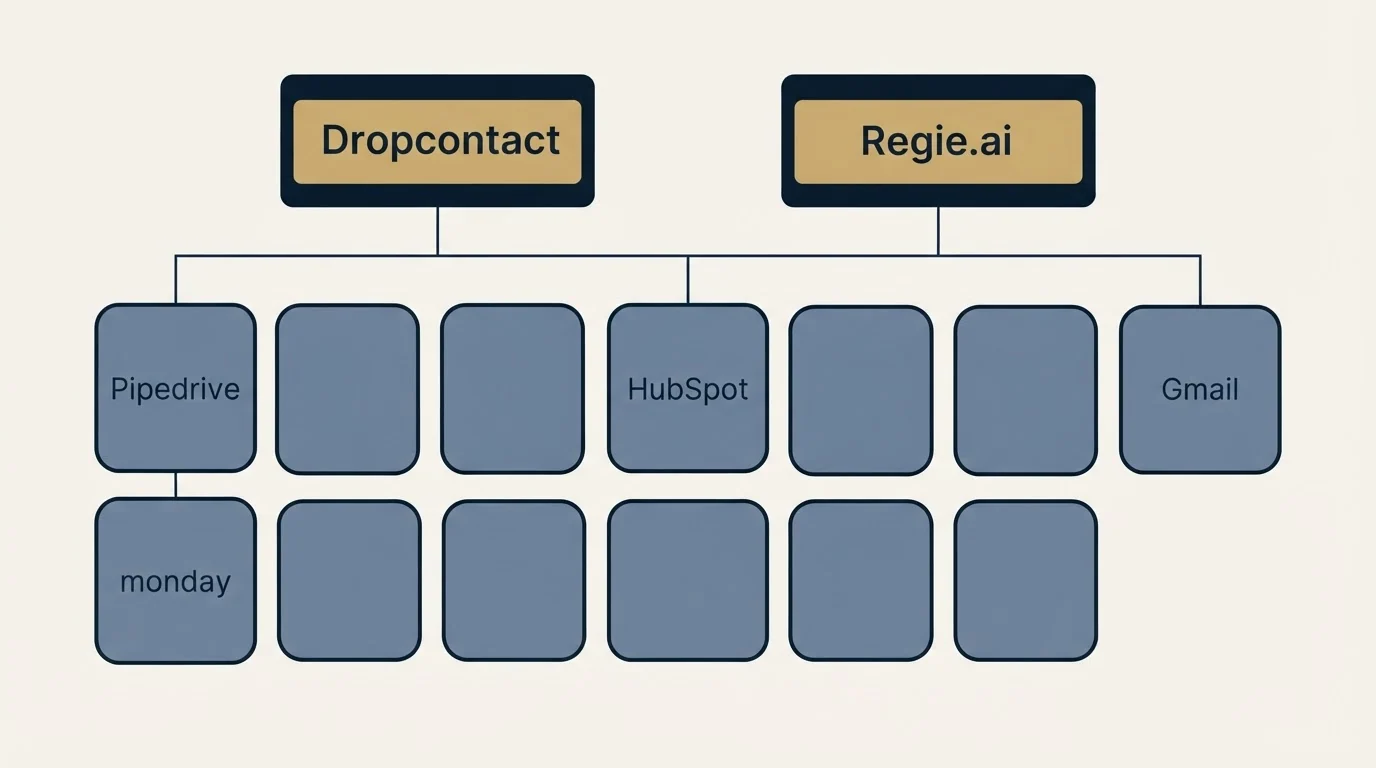 Integration grid: Integration Ecosystem (Dropcontact, Regie.ai, HubSpot, Pipedrive)