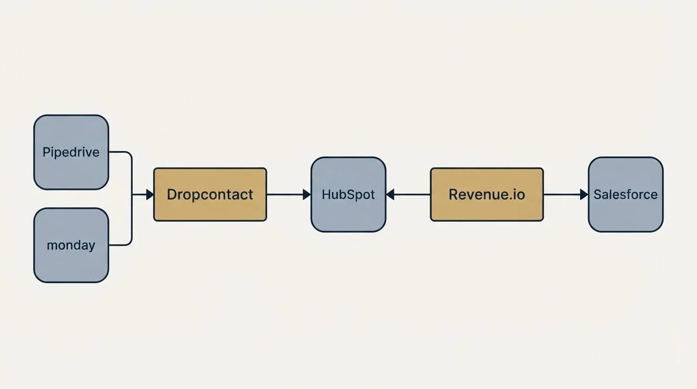 Integration flow: Integration Ecosystem (Dropcontact, Revenue.io, HubSpot, Pipedrive)